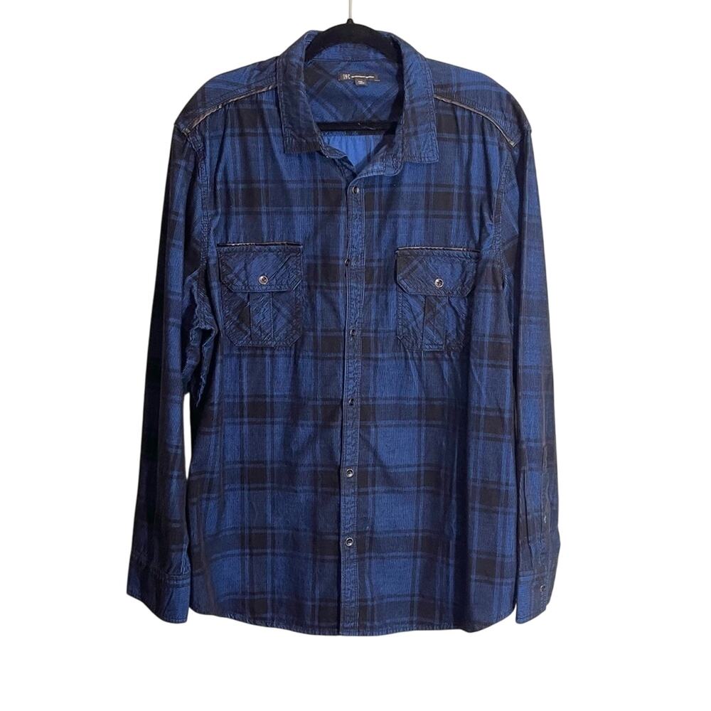 INC Men's Blue Plaid Button Down with Leather Accents‎ Size XXL